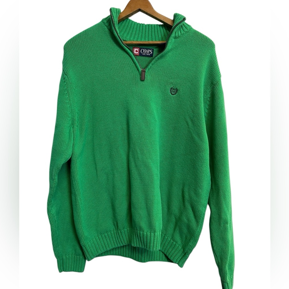 Chaps Men’s Quarter Zip Knit Sweater size Large 100% Cotton Green Spring